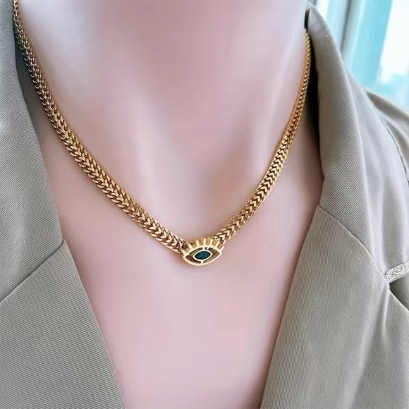 Jewelry - Evil Eye Pendant Necklace 18K Yellow Gold Over Stainless Steel.